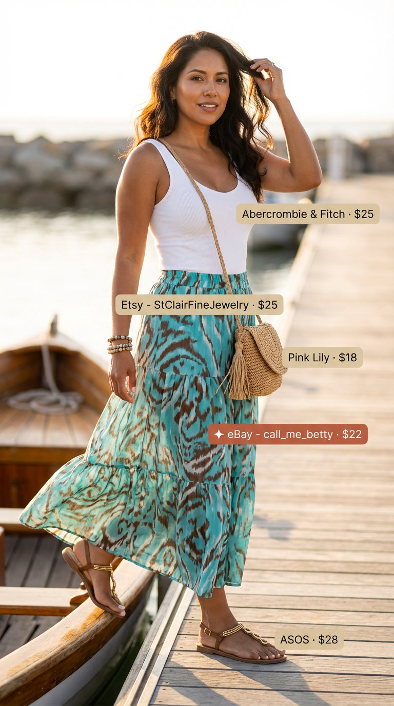Vibrant turquoise tiered maxi skirt with a white ribbed tank top, showcasing Summer Mom Outfit Trends 2026. Ideal for a boho beach day or vacation, with embellished sandals and a straw crossbody.
