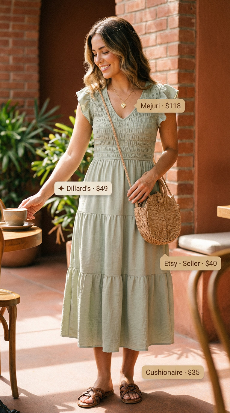 Chic mom in a sage green tiered midi dress with puff sleeves, paired with flat cognac brown braided sandals, a round straw crossbody bag, and a delicate gold pendant necklace, for Summer Mom Outfit Trends 2026 brunch.