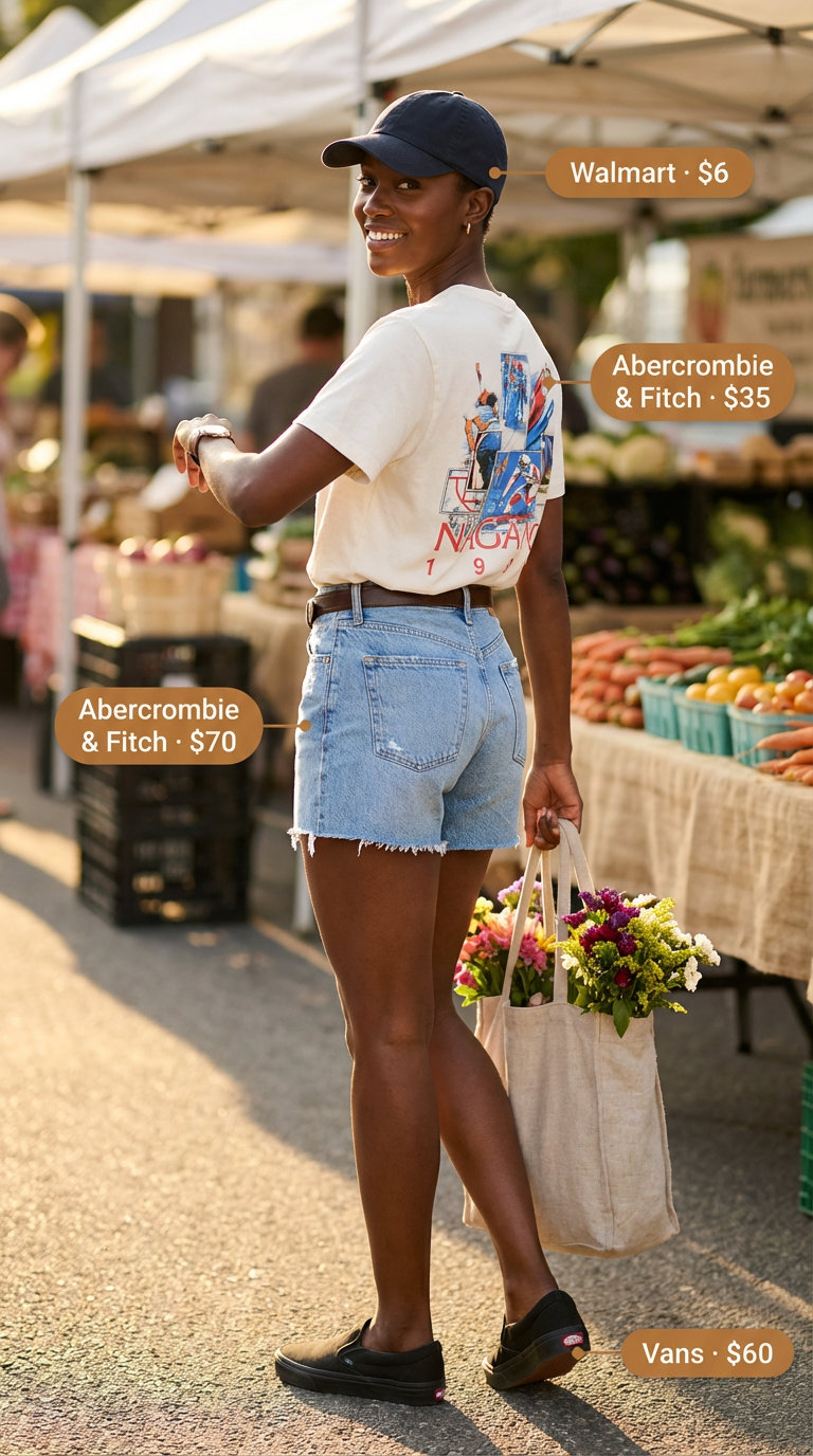 Casual Summer Mom Outfit Trends 2026 with an oversized vintage graphic tee, high-waisted distressed denim shorts, and black accessories. Perfect for quick errands, styled with a belt bag and slip-on sneakers.