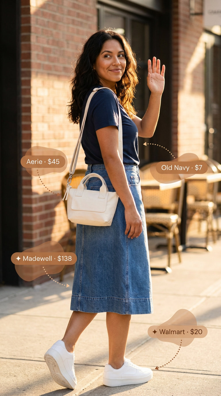 A comfortable and youthful A-line Denim Midi Skirt for Summer Mom Outfit Trends 2026, paired with a navy t-shirt, white platform trainers, and a canvas crossbody bag, perfect for a park playdate.