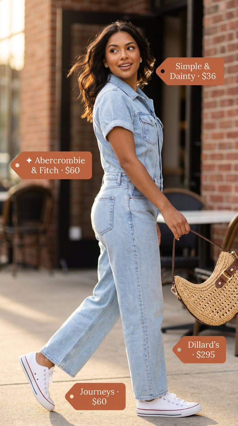 Effortless light wash denim romper, perfect for Summer Mom Outfit Trends 2026. Ideal for casual brunch or playdates, styled with white sneakers and a straw crossbody bag.
