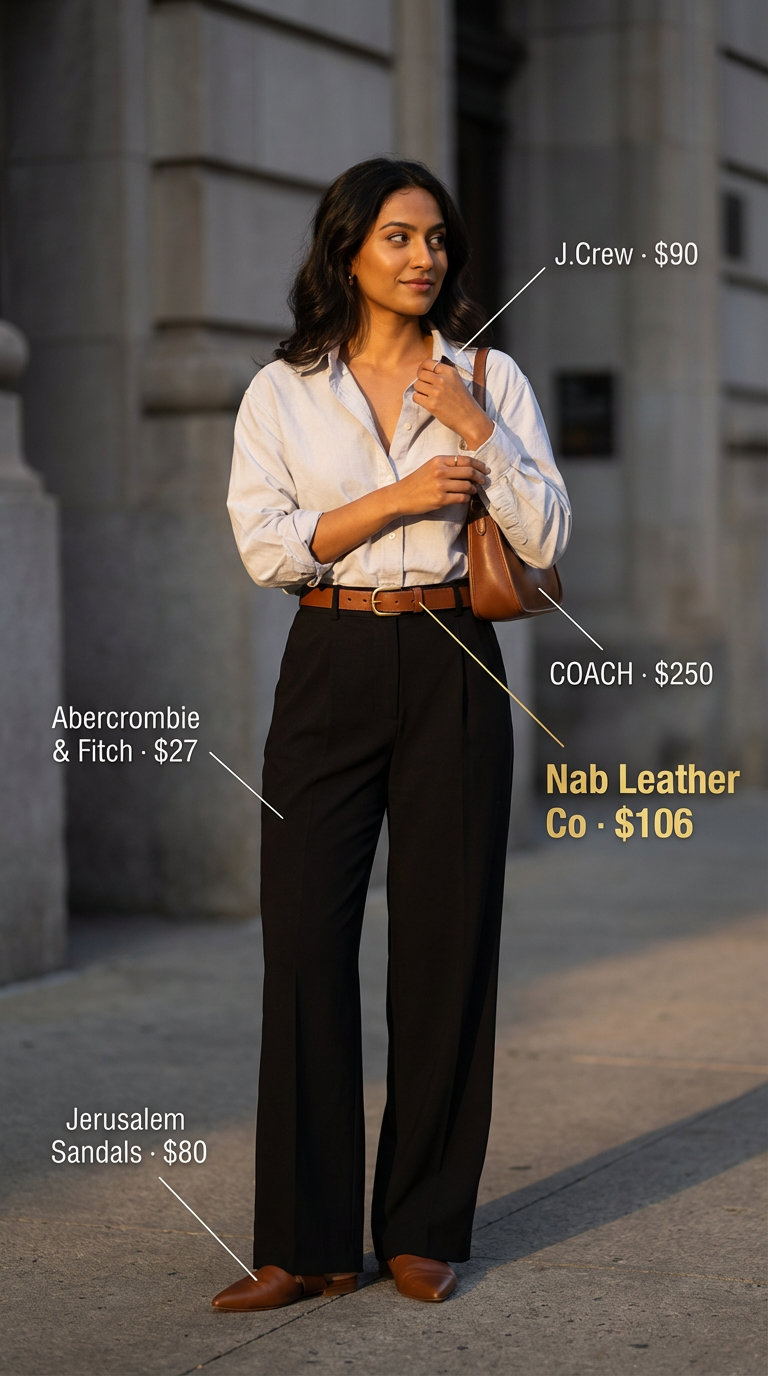 A modern and confident 'Downtown Day Out' outfit featuring high-waisted black tailored wide-leg trousers, a classic white button-down shirt, brown leather mules, a wide brown belt, and a structured shoulder bag, embodying Summer Mom Outfit Trends 2026.