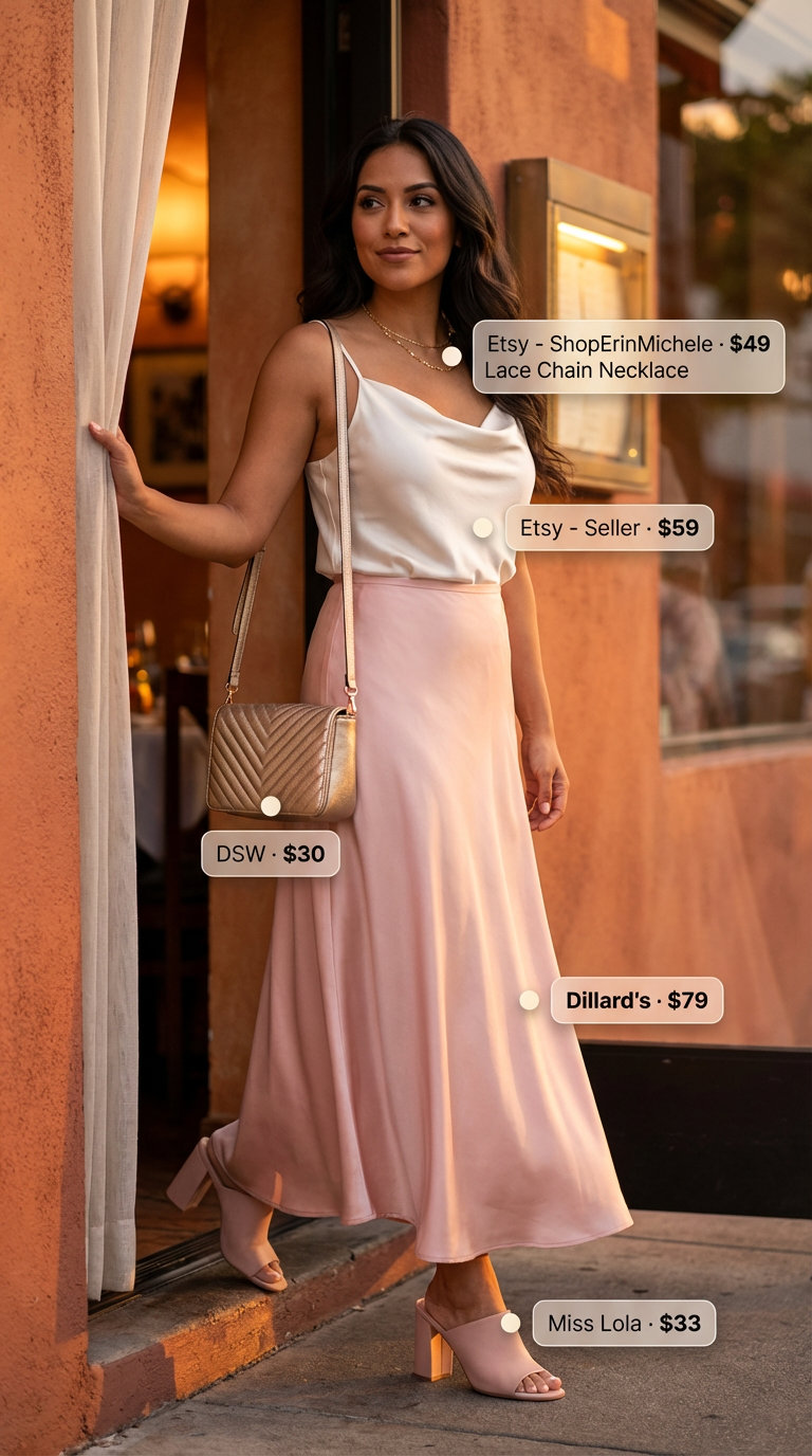 Elegant blush pink satin slip maxi skirt and cream silk camisole for a Summer Mom Outfit Trends 2026. Perfect for dinner out or a party, with nude mules and gold accessories.