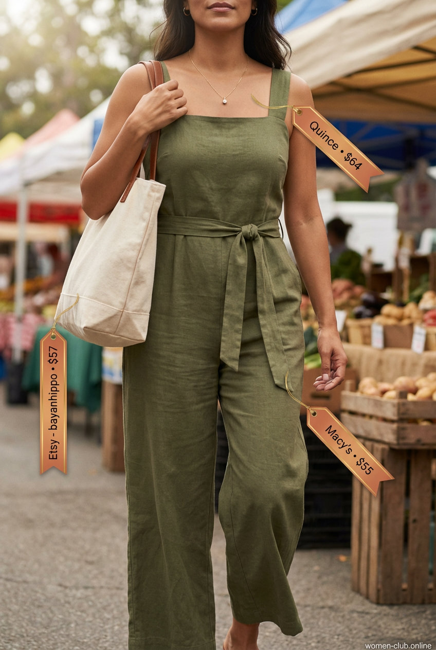A relaxed and natural Olive Green Jumpsuit for Summer Mom Outfit Trends 2026, styled with flat leather slides, a gold pendant necklace, and a large canvas tote, ideal for a farmers market trip.