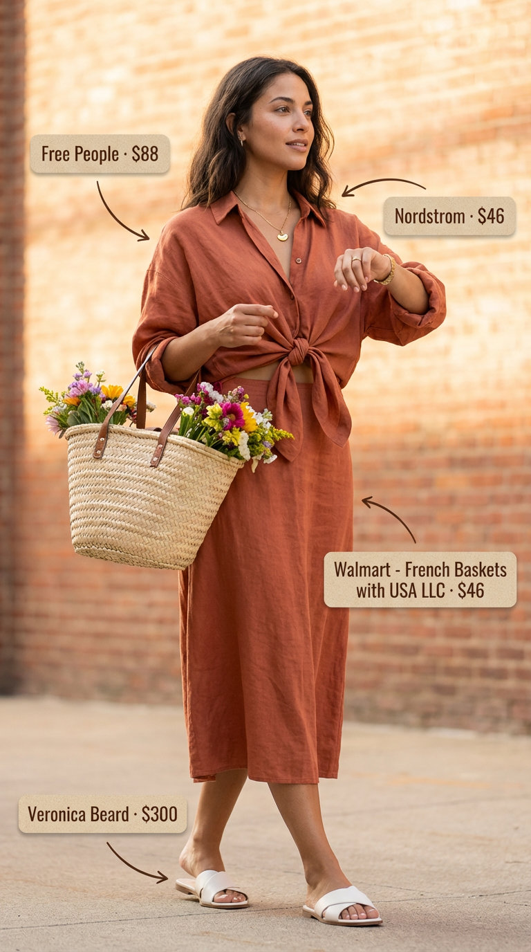 Relaxed terracotta linen blend matching set, featuring wide-leg pants and a sleeveless top, a fresh Summer Mom Outfit Trends 2026. Great for farmers markets, with slide sandals and a straw tote.