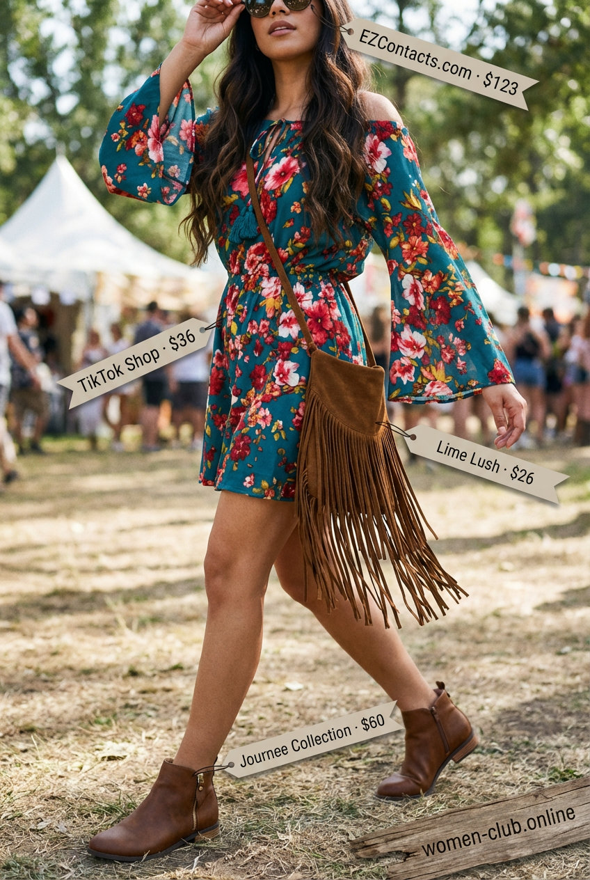 Playful teal floral print romper with a tie-front, embodying Summer Mom Outfit Trends 2026. Ideal for a summer festival or outdoor concert, styled with fringe crossbody and ankle boots.