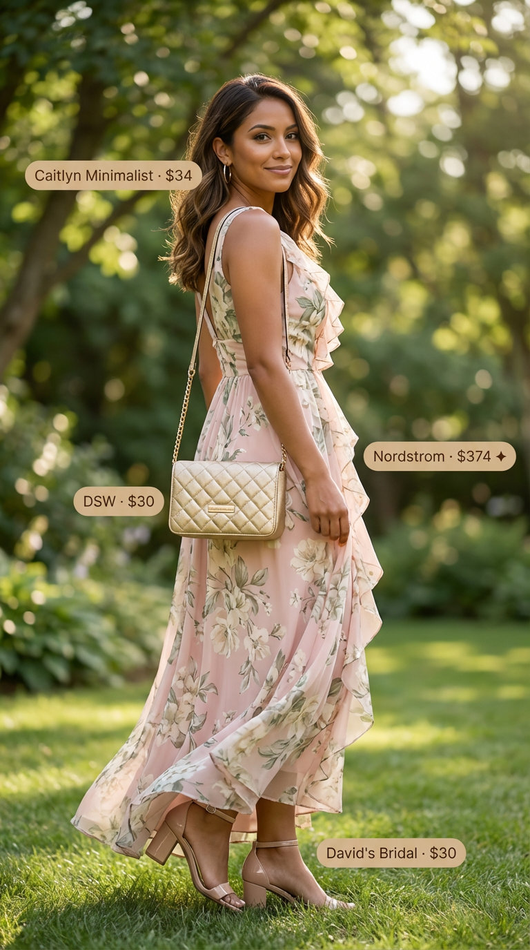 Elegant mom in a soft pink and sage green floral maxi dress with ruffle details, paired with nude low block-heeled sandals, gold hoop earrings, and a metallic shoulder bag, showcasing a beautiful Summer Mom Outfit Trends 2026 for a garden party.