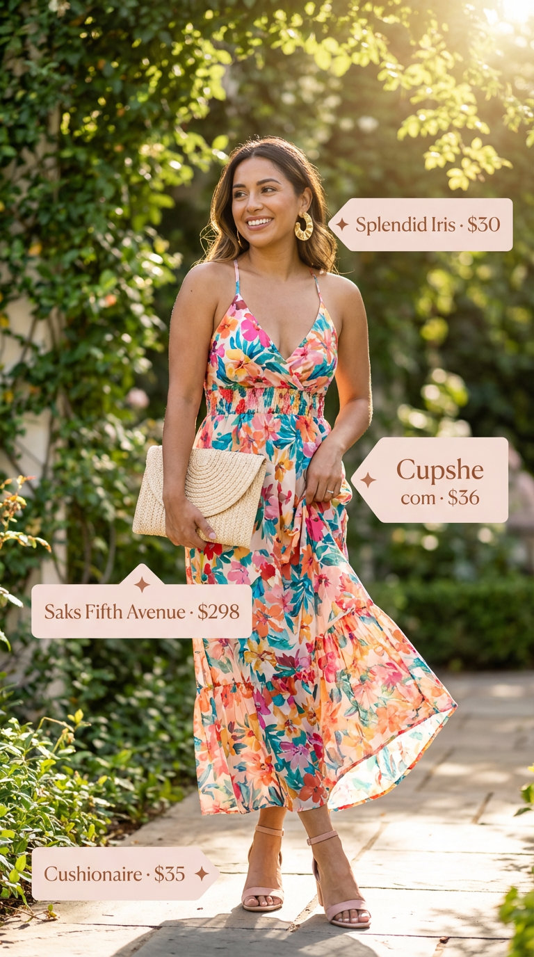 Joyful mom in a vibrant multi-color floral maxi dress with a tiered skirt, paired with blush pink low-heeled sandals, gold statement hoops, and a woven clutch, showcasing Summer Mom Outfit Trends 2026 for a garden party.