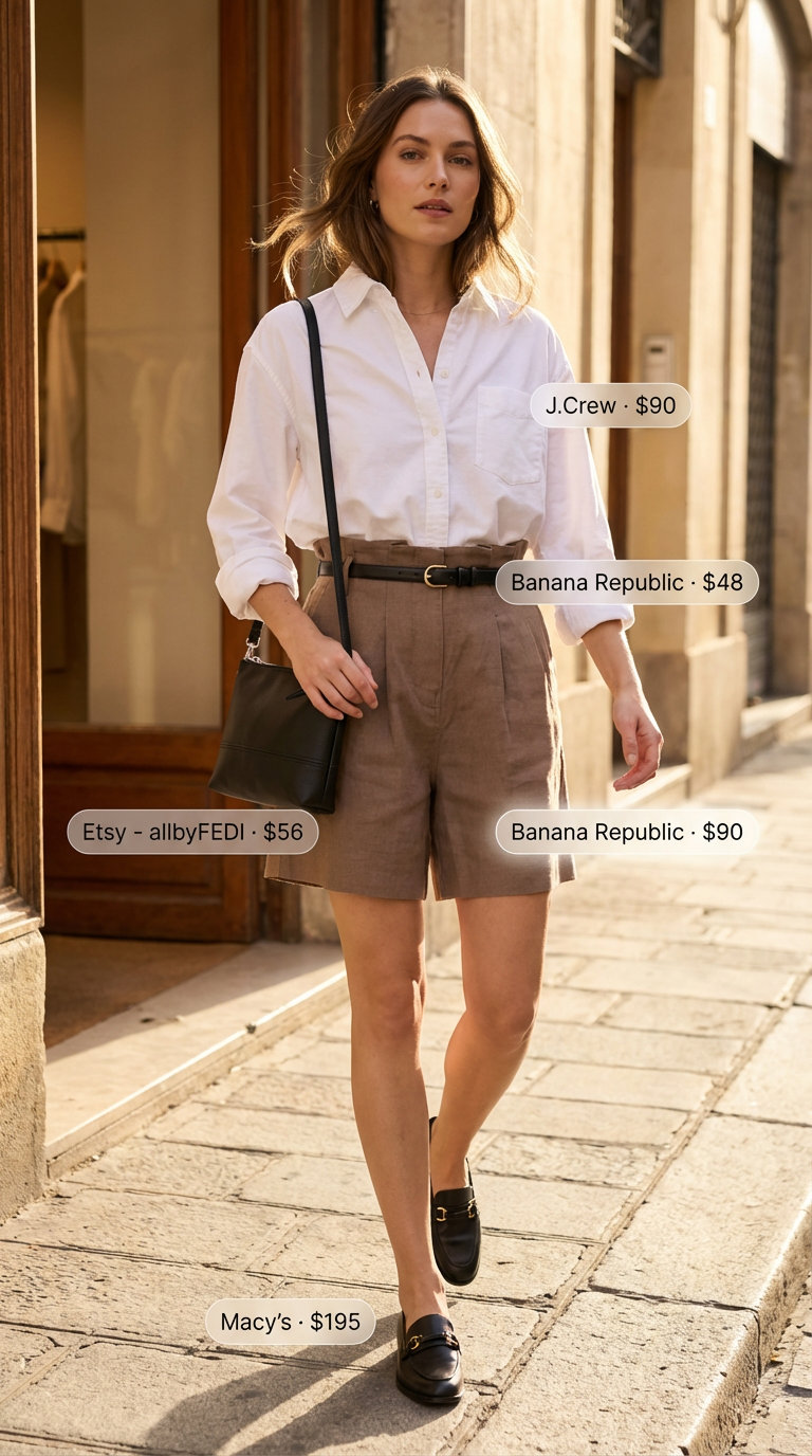 A polished 'Casual Chic Errands' outfit for Summer Mom Outfit Trends 2026, showcasing beige linen blend paperbag shorts, an oversized white button-down, black leather loafers, a thin black belt, and a structured crossbody bag.