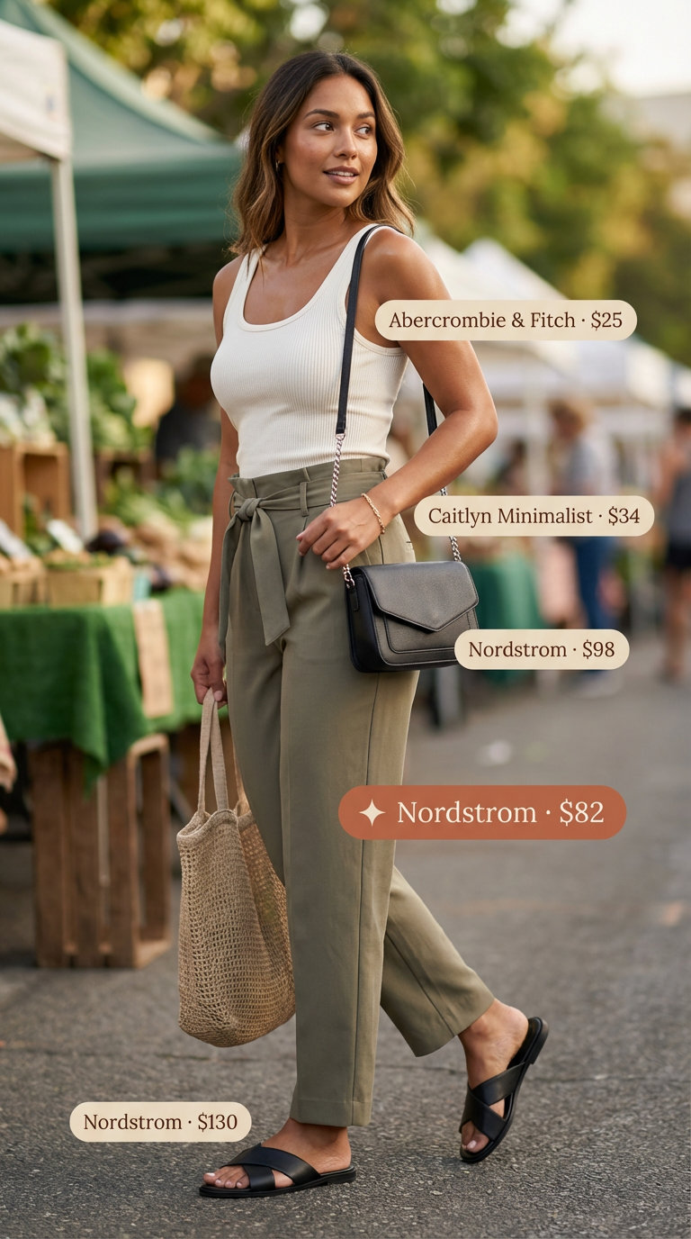 A relaxed and stylish 'Weekend Wanderer' outfit for Summer Mom Outfit Trends 2026, featuring khaki green paperbag-waist trousers, a white ribbed tank top, black leather slide sandals, a gold chain bracelet, and a crossbody bag.