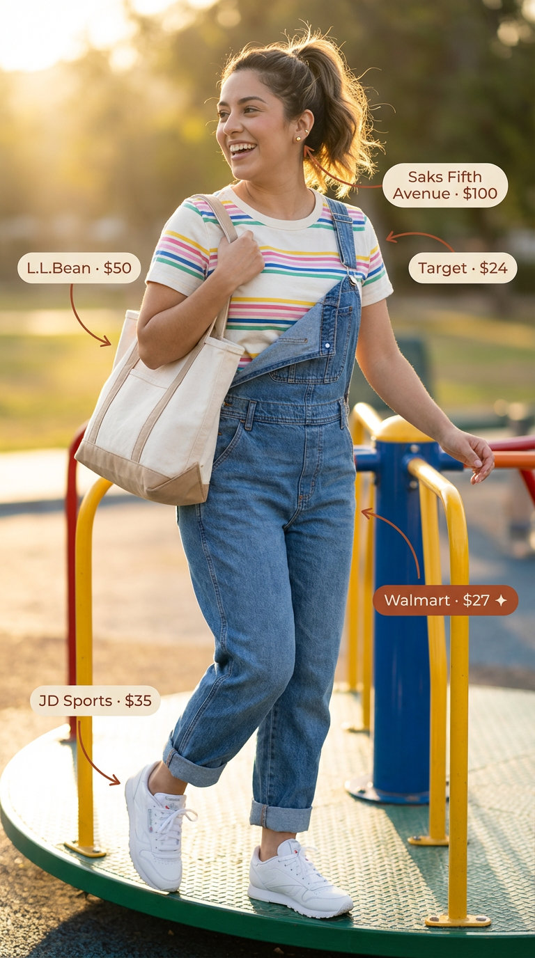 A comfortable and cheerful Summer Mom Outfit Trends 2026 featuring light blue denim overalls, a rainbow striped t-shirt, white sneakers, and a canvas tote bag, perfect for a playdate or park day.