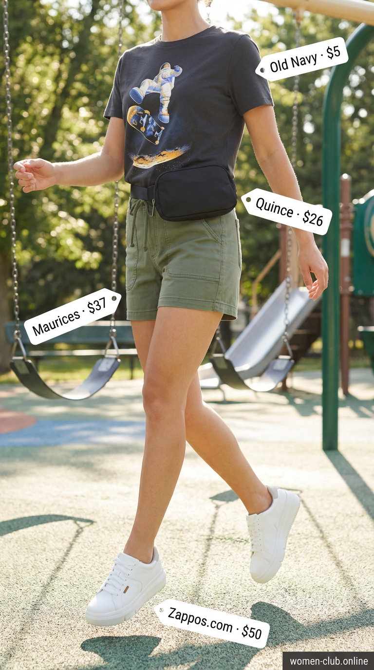 A functional and sporty 'Playground Power Hour' outfit featuring khaki green cargo shorts, a graphic t-shirt, chunky white sneakers, and a black belt bag, a practical choice for Summer Mom Outfit Trends 2026.