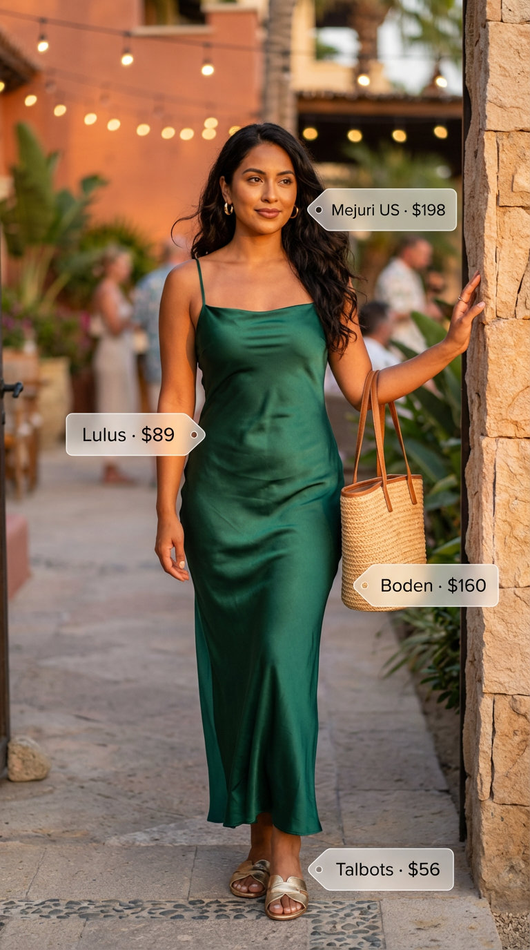Vacation-ready mom in an emerald green satin slip maxi dress, paired with flat gold metallic slide sandals, gold chunky hoop earrings, and a large straw tote, perfect for resort wear and Summer Mom Outfit Trends 2026.
