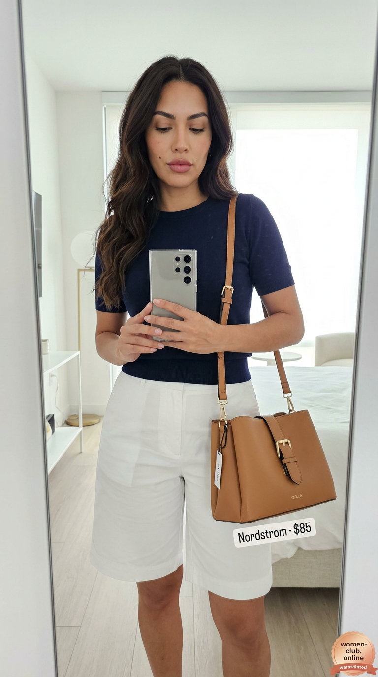 Modern minimalist summer outfits for women over 50 2026. Woman in tailored white Bermuda shorts, navy knit top, tan loafers, and a structured tote.