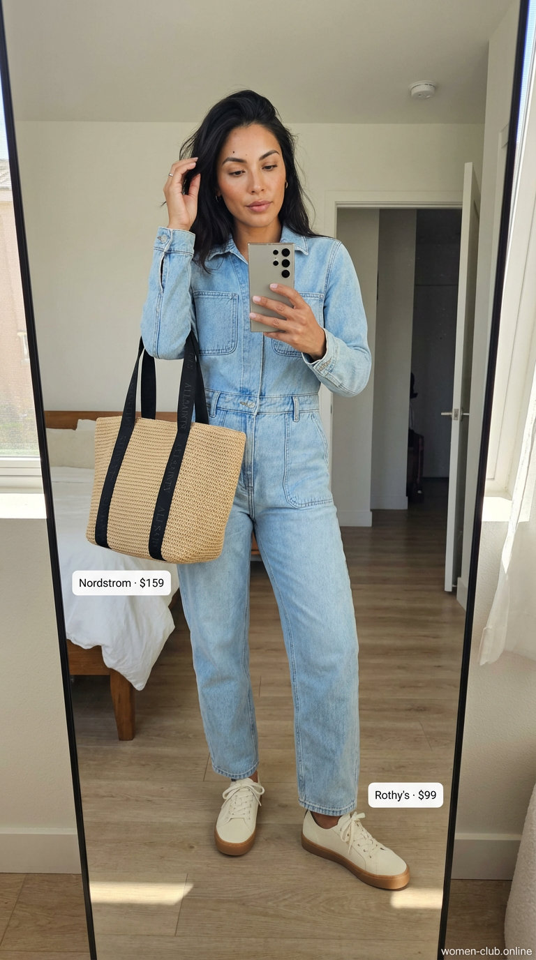 Relaxed boho summer outfits for women over 50 2026. A woman wears a light wash denim wide-leg jumpsuit, tan straw hat, and cream woven slide sandals.