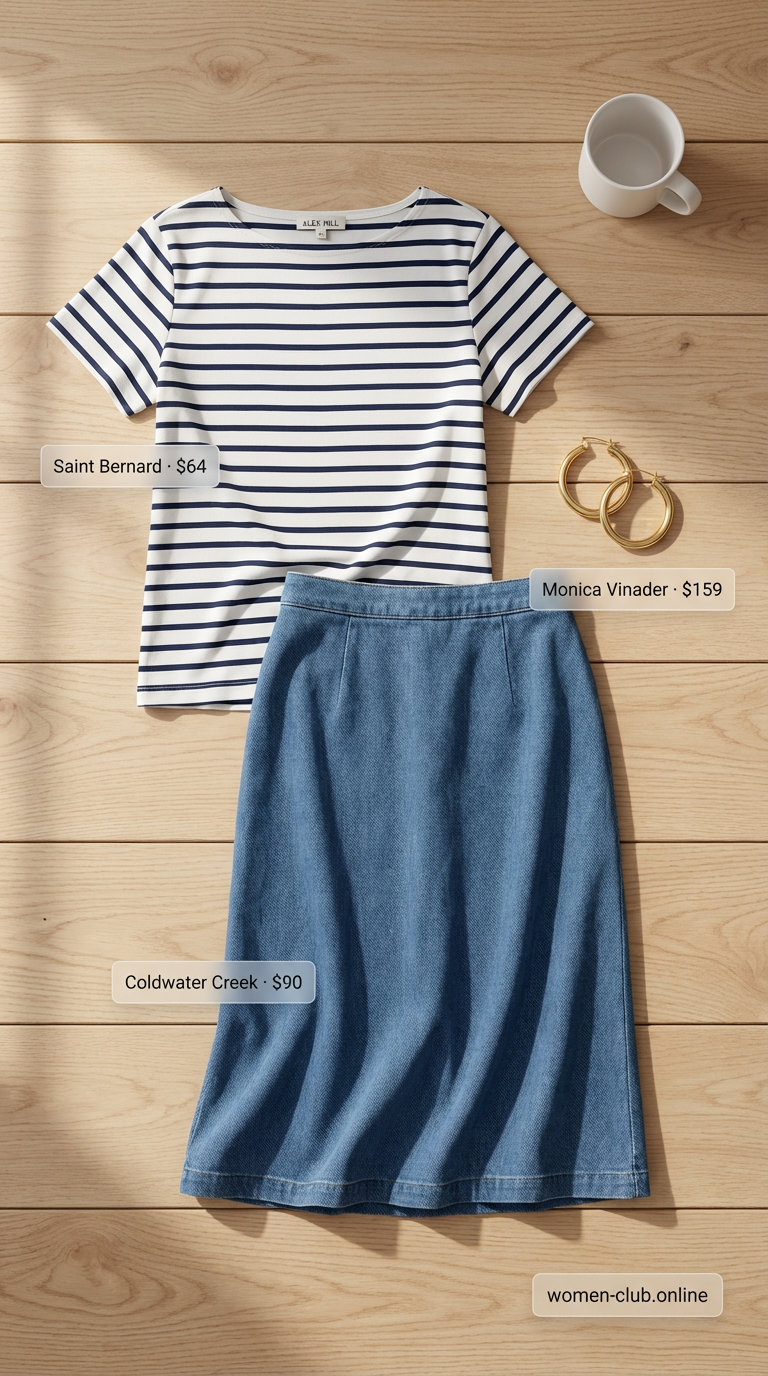 A woman in a classic a-line denim midi skirt, striped knit top, white sneakers, red crossbody bag, and gold hoops. Perfect for summer outfits for women over 50 casual city strolls.