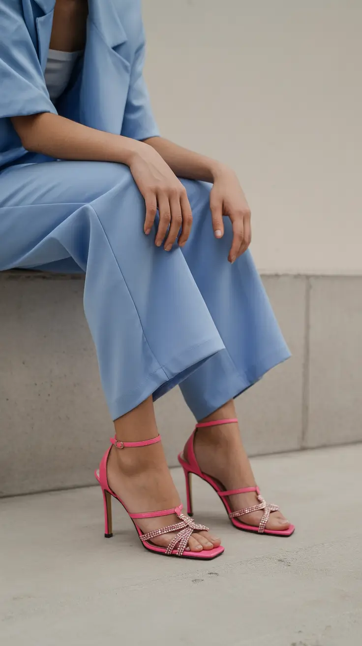 summer outfits with heels for women 2026 Powder Blue Tailoring and Pink Heels for a Soft Power Moment