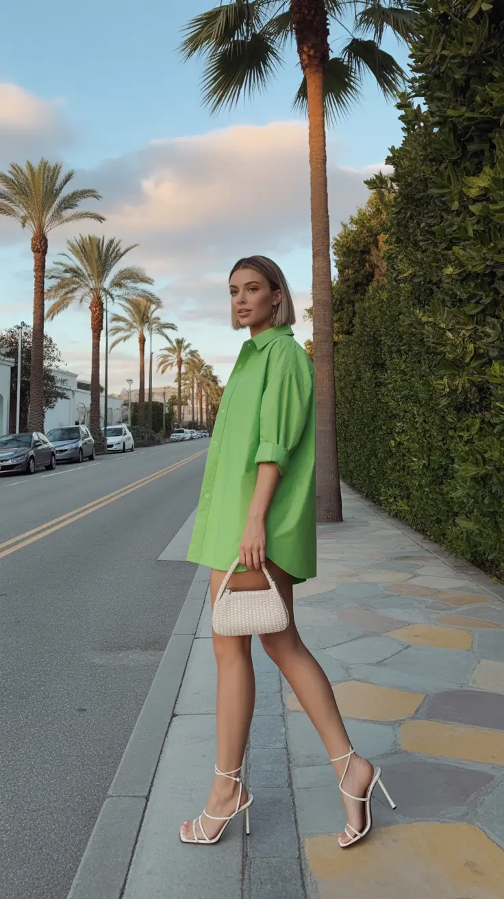 summer outfits with heels for women 2026 Oversized Shirt Dresses and Minimal White Heels for Effortless Street Style