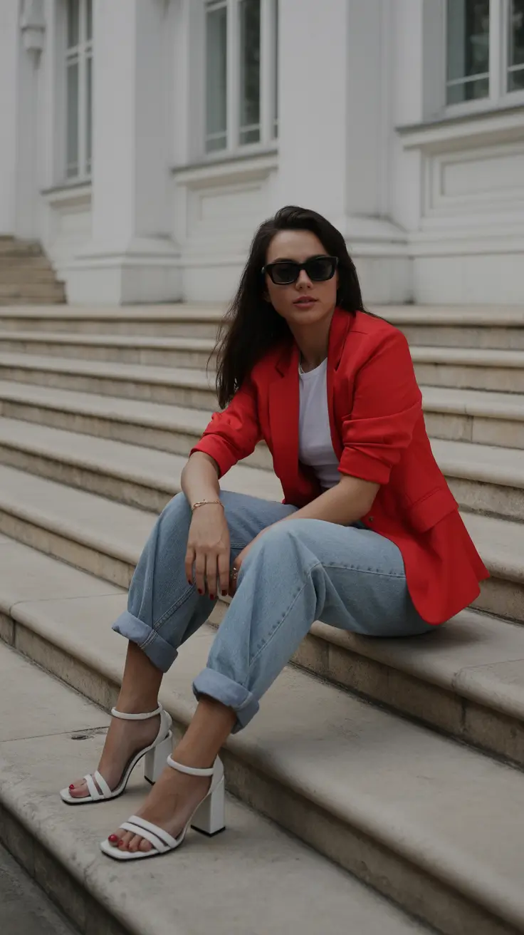 summer outfits with heels for women 2026 Red Blazer and White Heels That Make Casual Feel Intentional