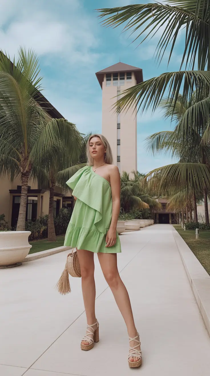 summer outfits with heels for women 2026 Light Green Mini Dresses and Platform Heels for Vacation Ready Ease
