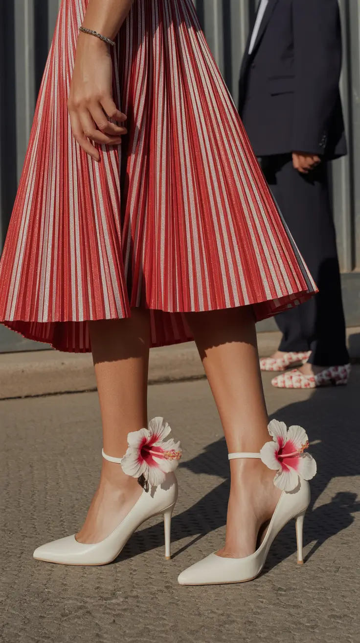 summer outfits with heels for women 2026 Pleated Skirts and Floral Heels That Feel Like a Summer Statement Piece