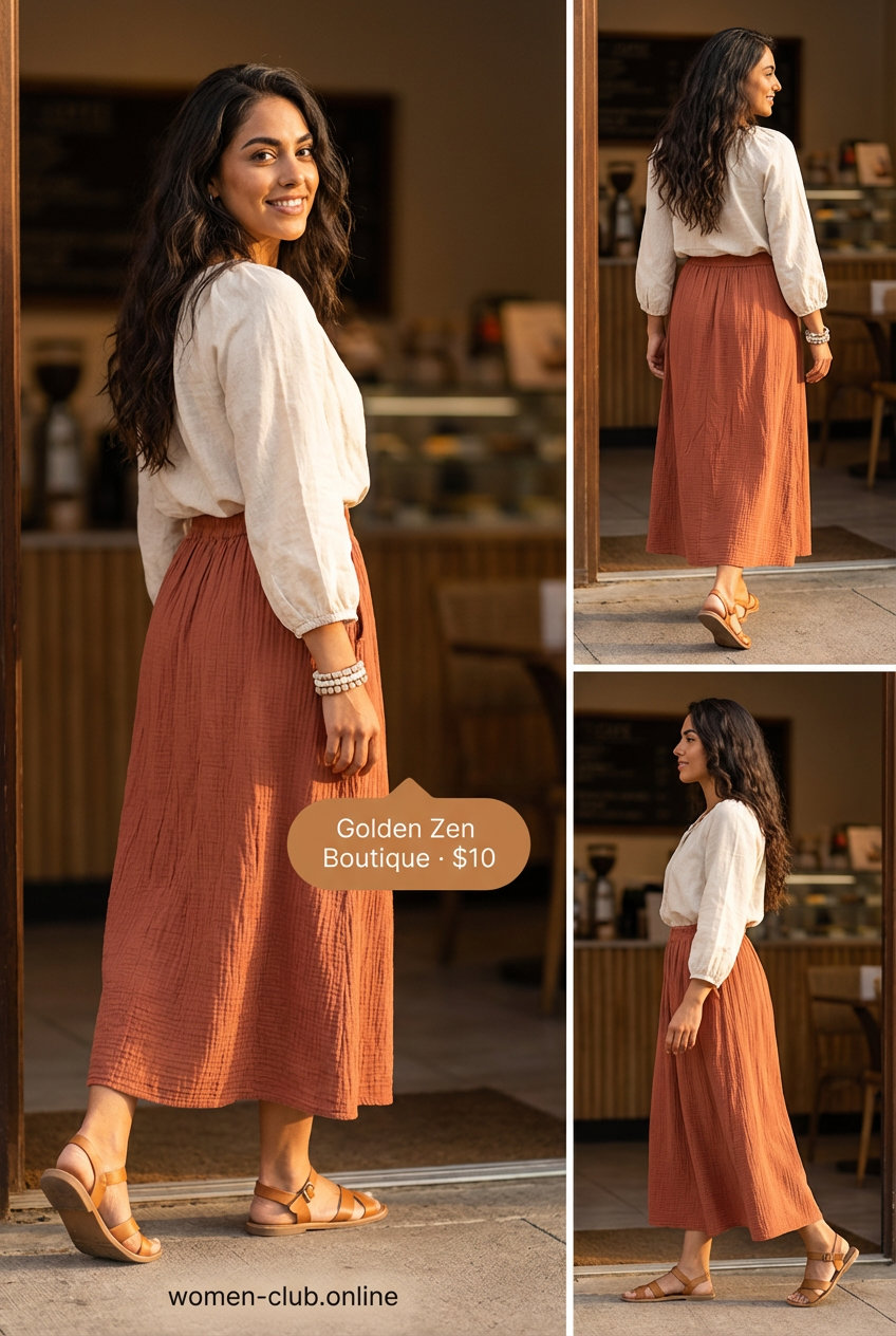 Bohemian terracotta tiered maxi skirt, cream peasant blouse, tan leather slide sandals, and a round straw crossbody bag for earthy summer outfits for women over 50.