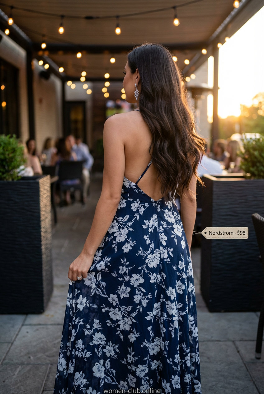 Elegant navy floral maxi dress with silver metallic sandals and clutch, perfect for sophisticated summer outfits for women over 50. Featuring delicate drop earrings.