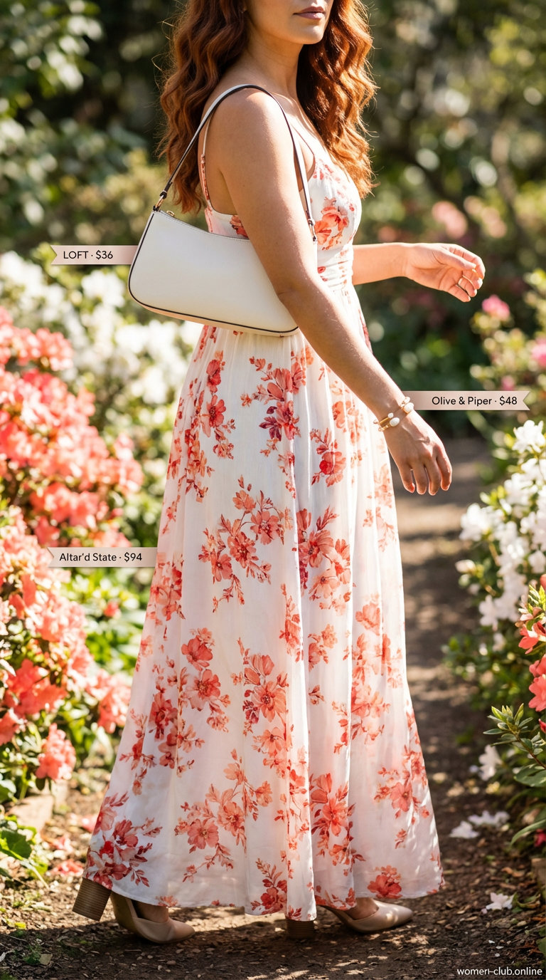 Joyful coral floral midi dress with nude patent block heels, an ivory clutch, and gold and pearl drop earrings, embodying elegant summer outfits for women over 50.