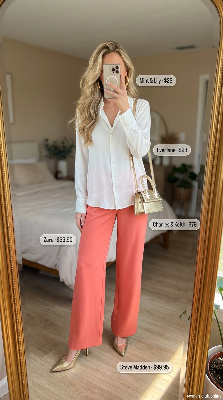 Vibrant coral wide-leg trousers, a white silk button-down shirt, gold metallic block heel sandals, and statement hoop earrings for elegant summer outfits for women over 50.