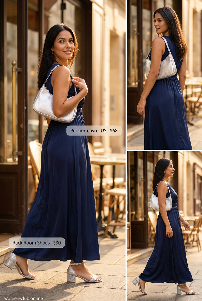 Elegant navy and white abstract print maxi dress paired with metallic wedge sandals and a silver clutch, perfect for refined summer outfits for women over 50.