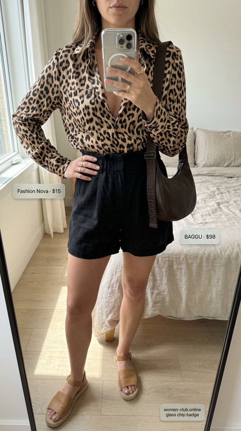 Chic urban safari outfit with a leopard print blouse, khaki linen shorts, black slide sandals, and brown faux leather crossbody for summer outfits for women over 50.