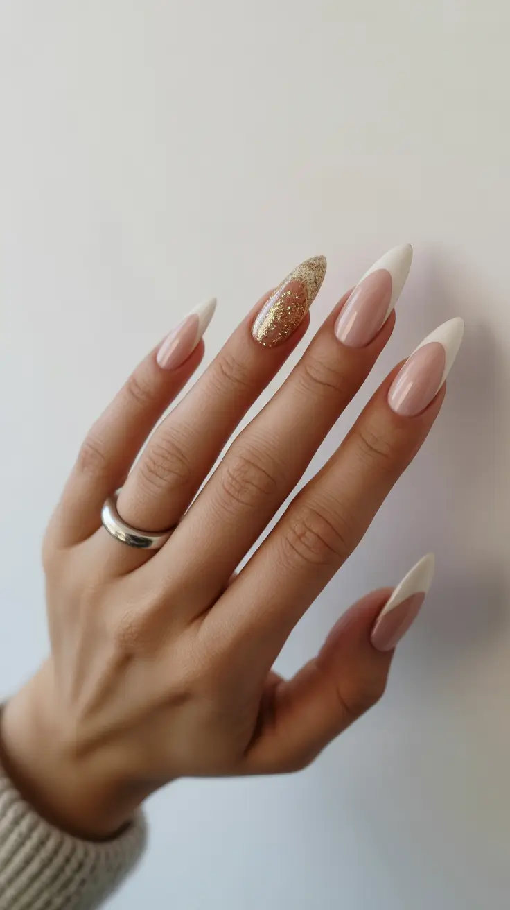 trendy spring almond nails 2026 Soft Nude French with Full Gold Statement