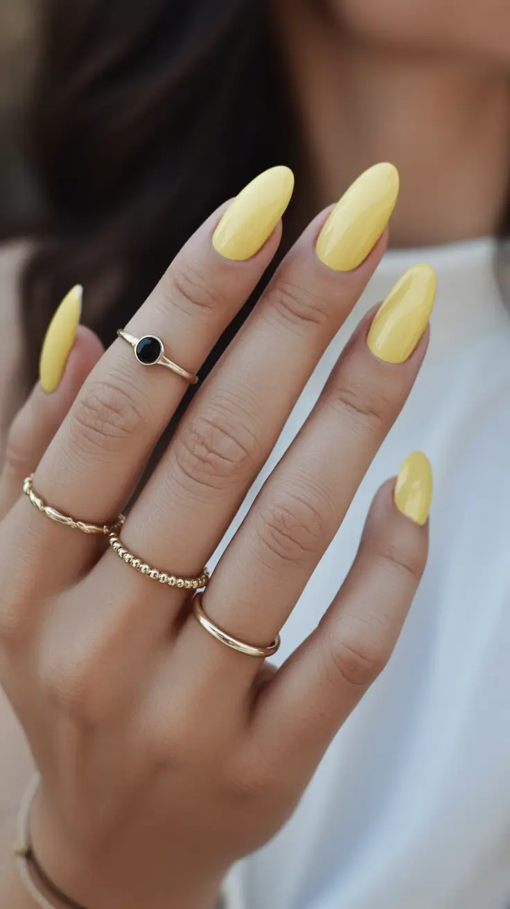 trendy spring almond nails 2026 Pastel Butter Yellow Almond Glow