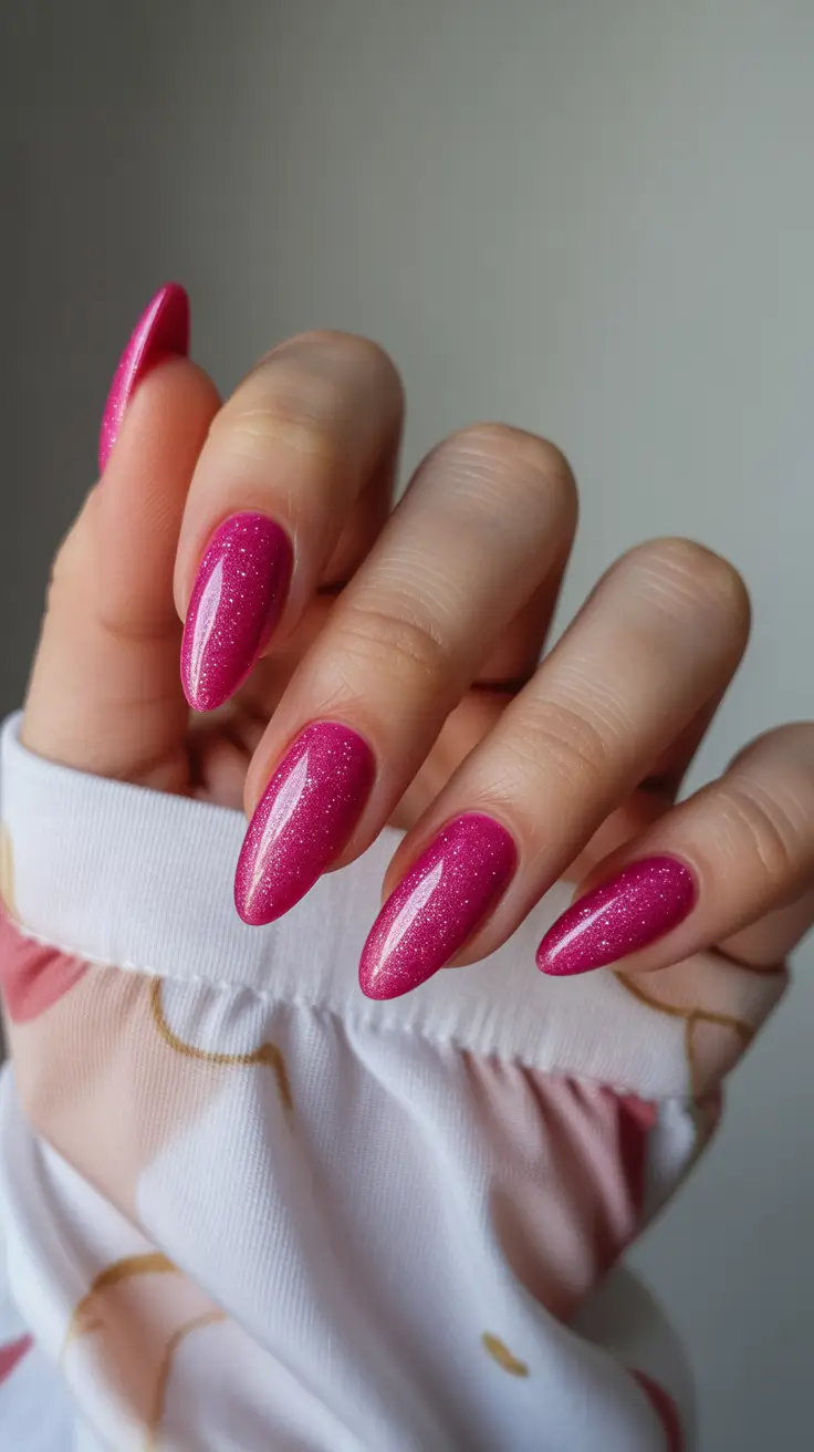 trendy spring almond nails 2026 Shimmering Fuchsia Almond Glow