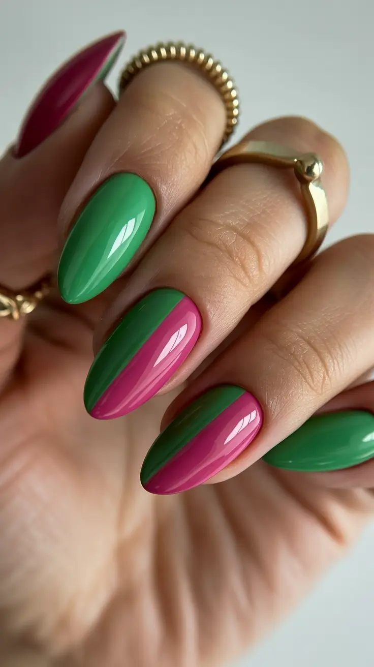 trendy spring almond nails 2026 Pink and Green Split Almond Statement