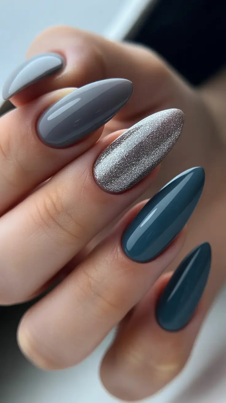trendy spring almond nails 2026 Smoky Teal and Silver Texture Almond Mix