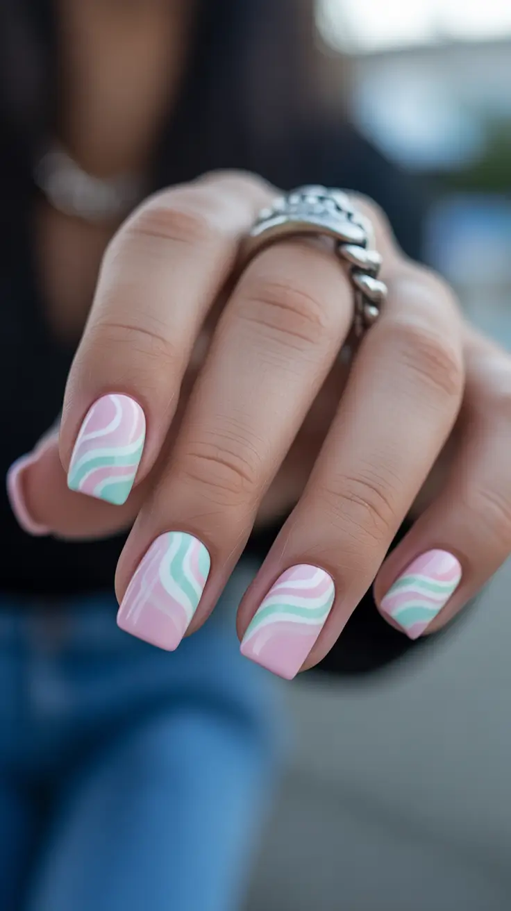 trendy spring nails acrylic 2026 Soft Pink and Mint Swirl Designs for Cute Spring Nails