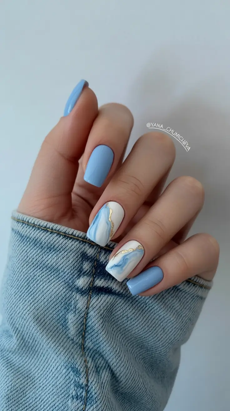 trendy spring nails acrylic 2026 Sky Blue Marble Acrylic Nails with Gold Detail