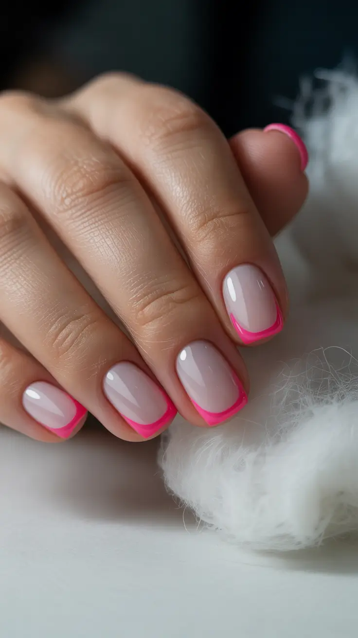 trendy spring nails acrylic 2026 Neon Pink French Tips for Modern Square Short Nails
