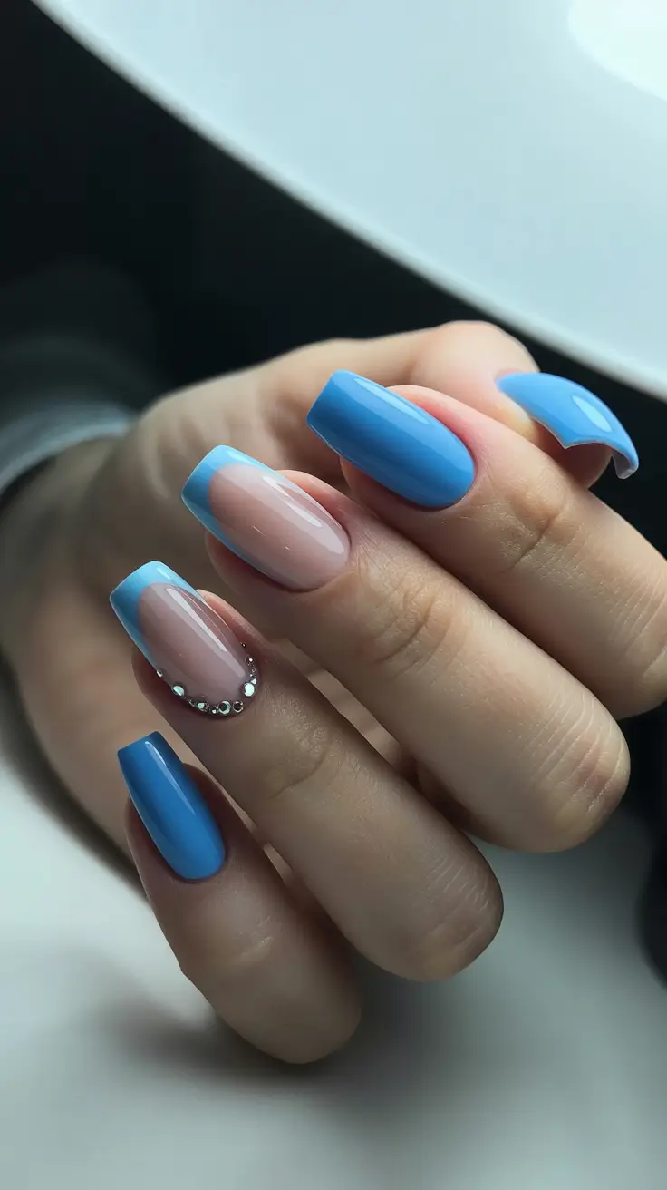 trendy spring nails acrylic 2026 Baby Blue Square Acrylic Nails with Rhinestone Accent