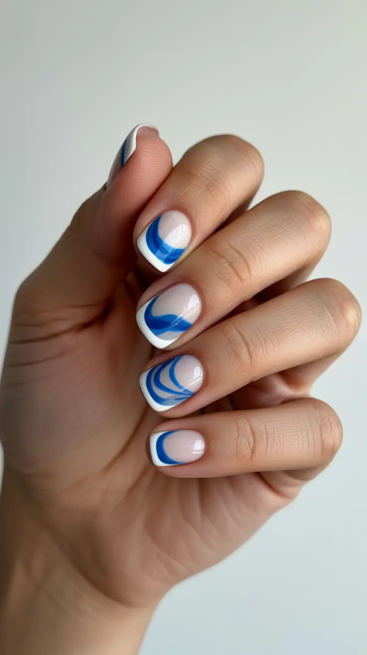trendy spring nails acrylic 2026 Soft Blue Graphic French on Short Almond Nails
