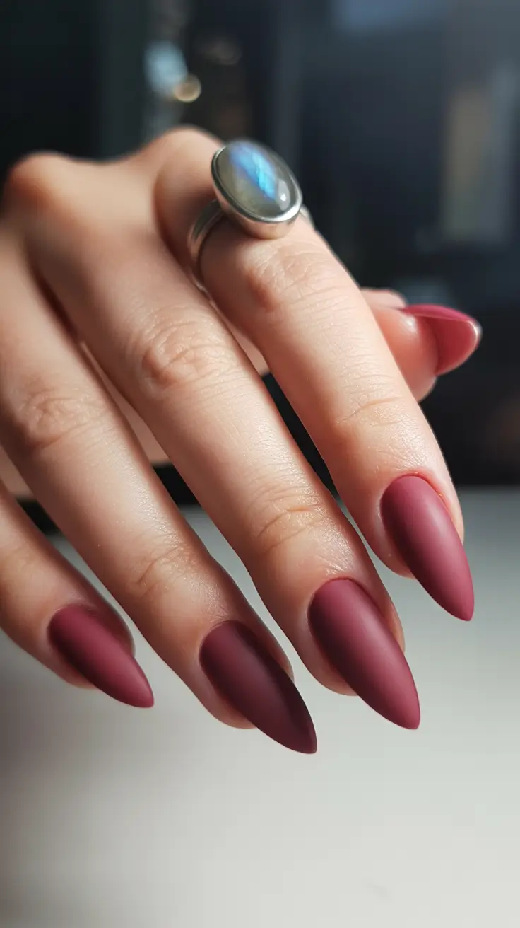 trendy spring nails acrylic 2026 Matte Burgundy Stiletto Nails with Baddie Energy