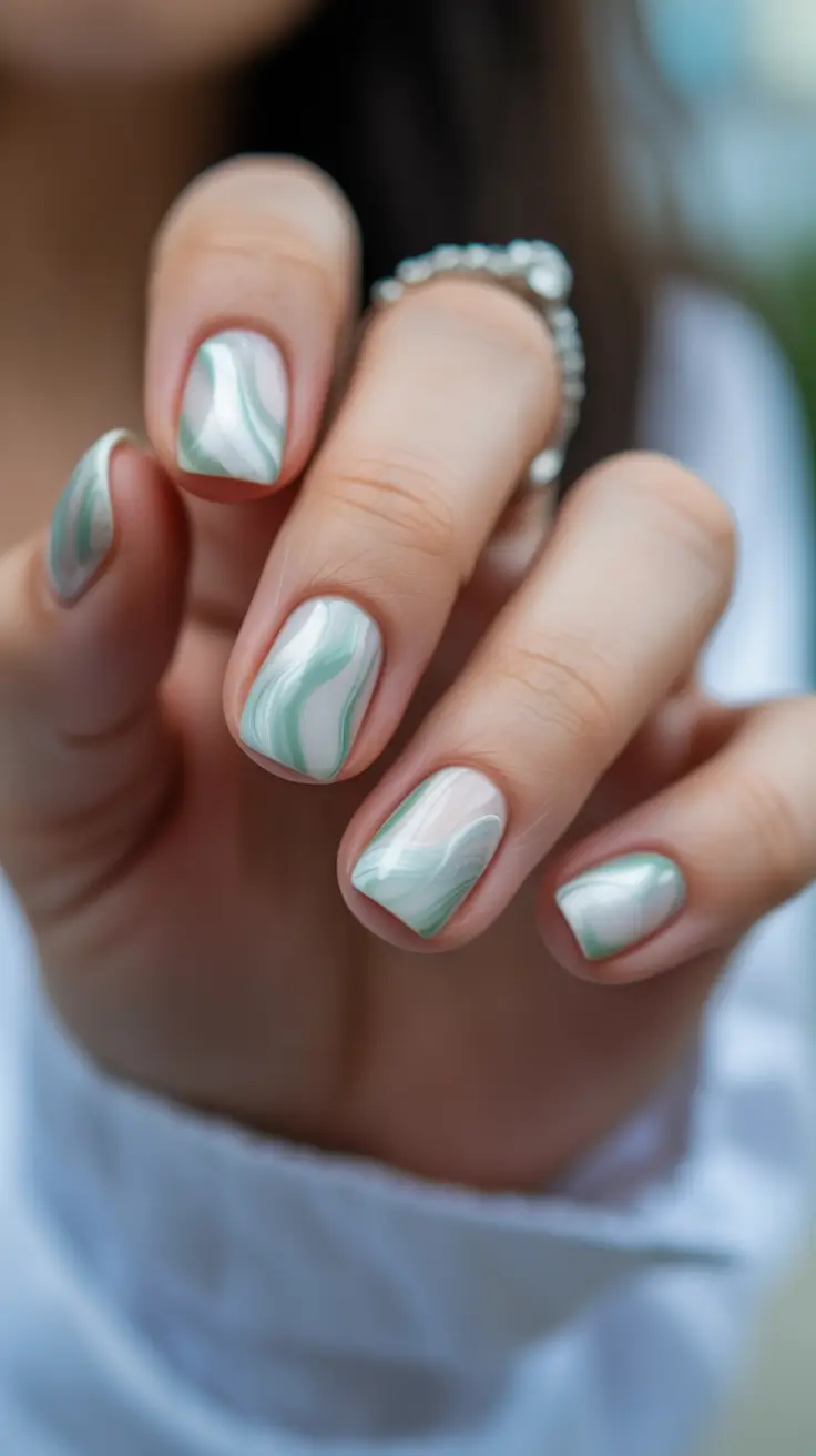 trendy spring nails acrylic 2026 Soft Sage Marble Nails for Almond Short Spring Elegance