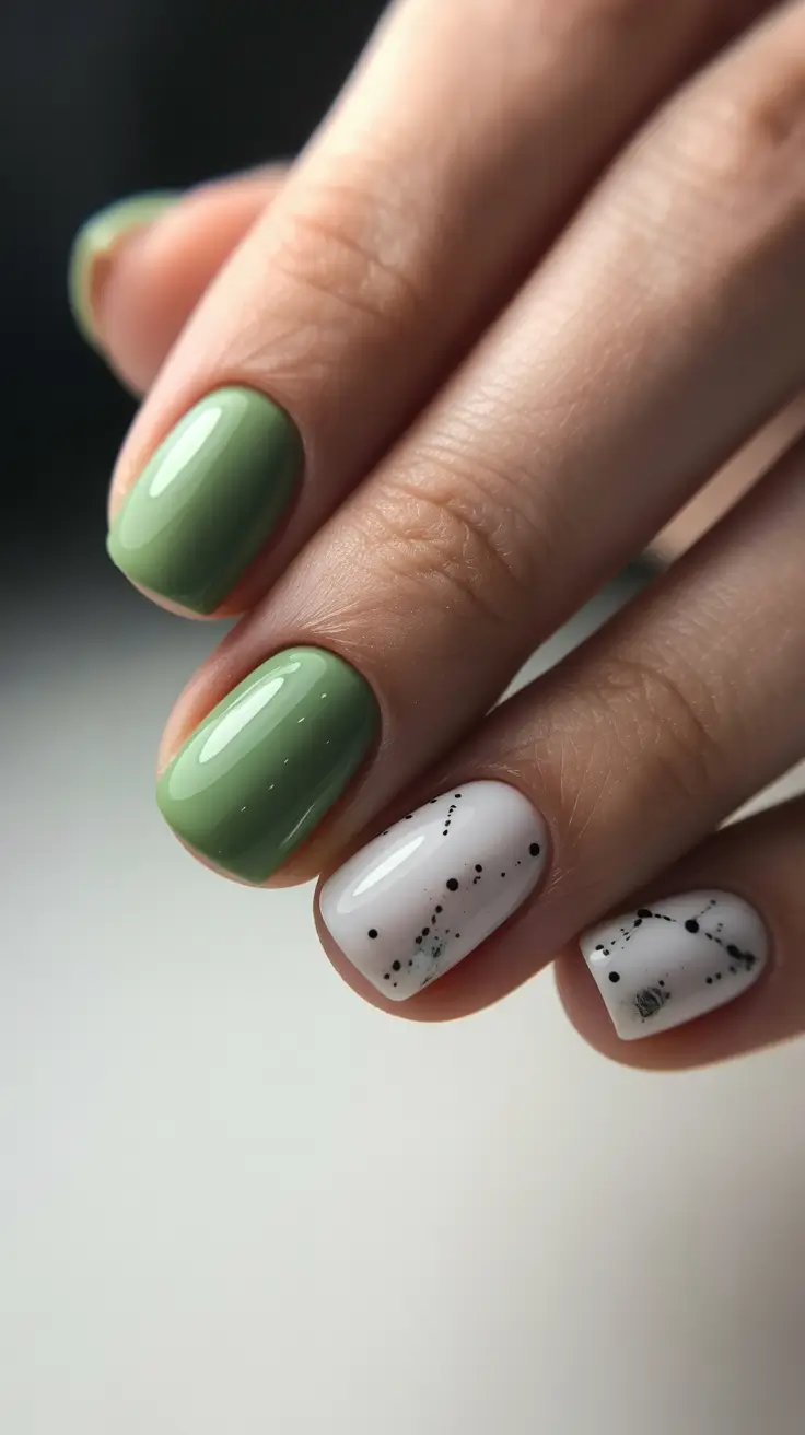 trendy spring nails acrylic 2026 Fresh Green Accent Nails with Minimalist Speckles