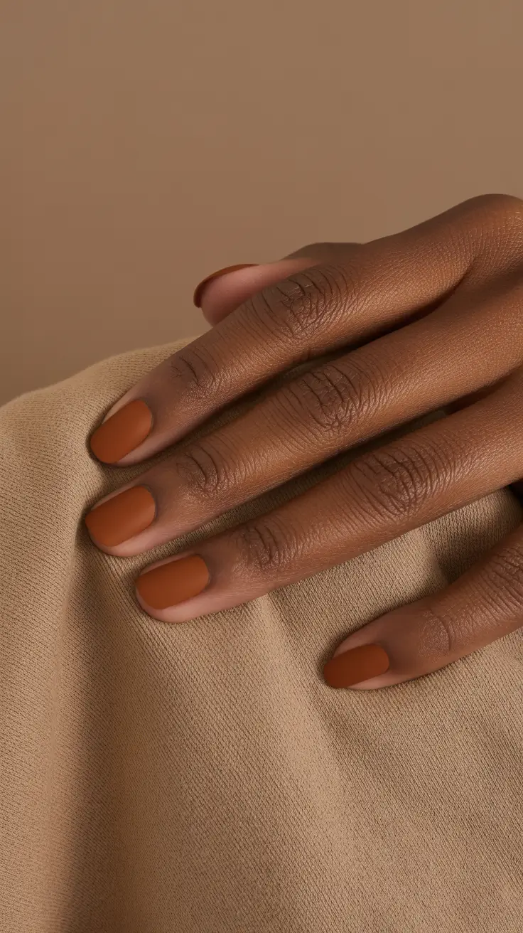 trendy spring nails for brown skin 2026 Matte Cinnamon Minimalism for Effortless Spring Energy