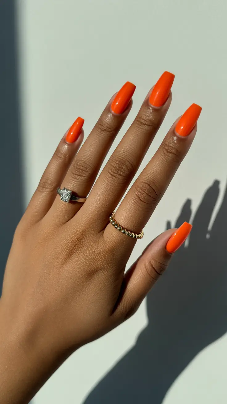 trendy spring nails for brown skin 2026 Vibrant Tangerine Coffin Nails That Radiate Pure Spring Energy