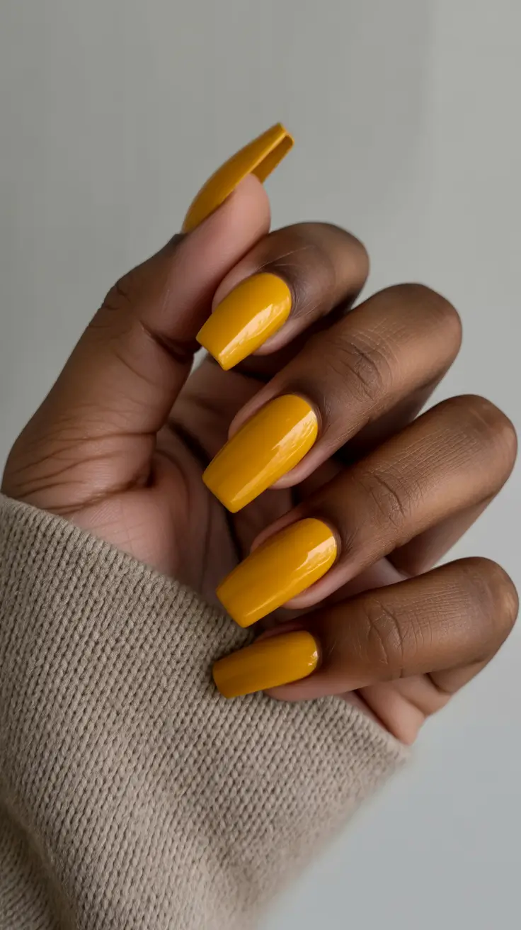 trendy spring nails for brown skin 2026 Mustard Yellow Square Nails That Bring Warm Retro Charm