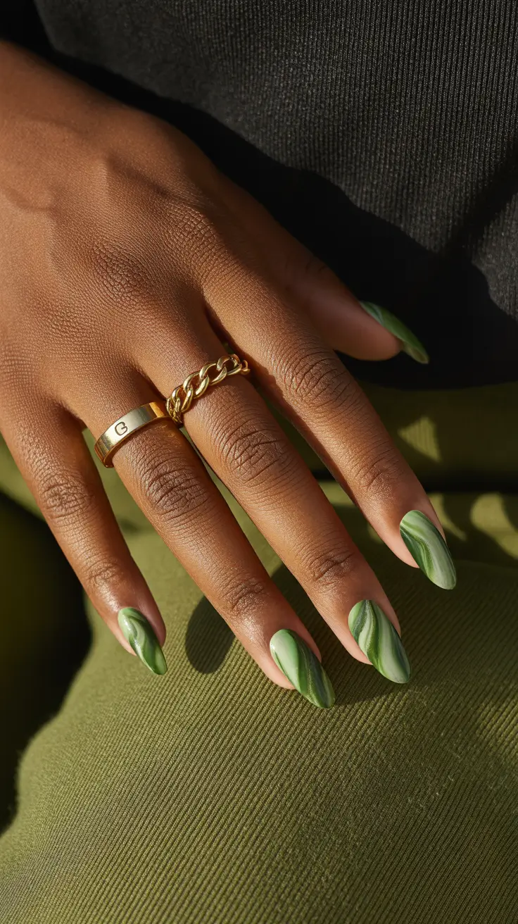 trendy spring nails for brown skin 2026 Abstract Olive Swirl Almond Nails for Artistic Earthy Glam