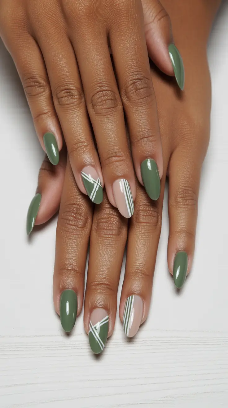 trendy spring nails for brown skin 2026 Sage Green and Nude Graphic Almond Nails for Modern Balance