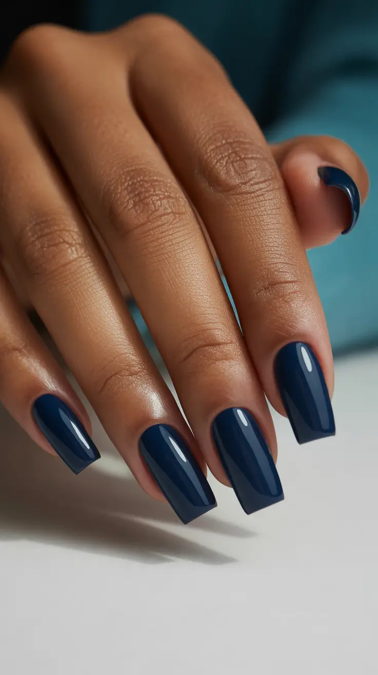 trendy spring nails for brown skin 2026 Glossy Midnight Blue Coffin Nails That Feel Bold Yet Polished